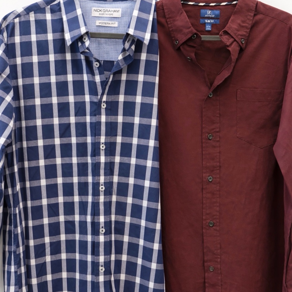 Men’s Button Down Shirt Lot of 2 - L Nick Graham Plaid + George Burgundy